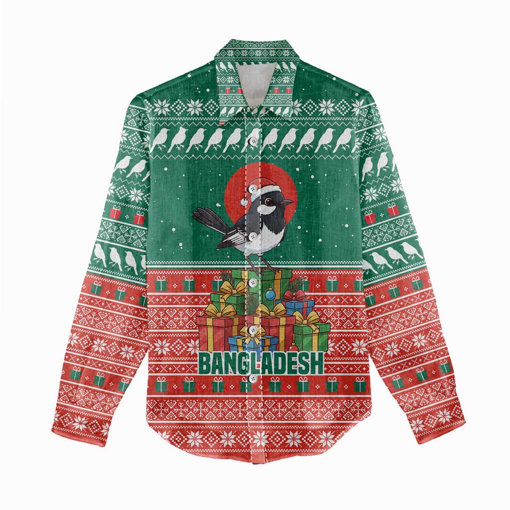 Bangladesh Christmas Women Casual Shirt with Black-Capped Bird Gift Stack and Green Red Snowflake Pattern - Wonder Print Shop