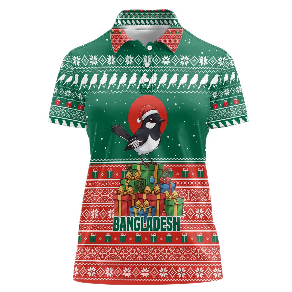 Bangladesh Christmas Women Polo Shirt with Black-Capped Bird Gift Stack and Green Red Snowflake Pattern - Wonder Print Shop