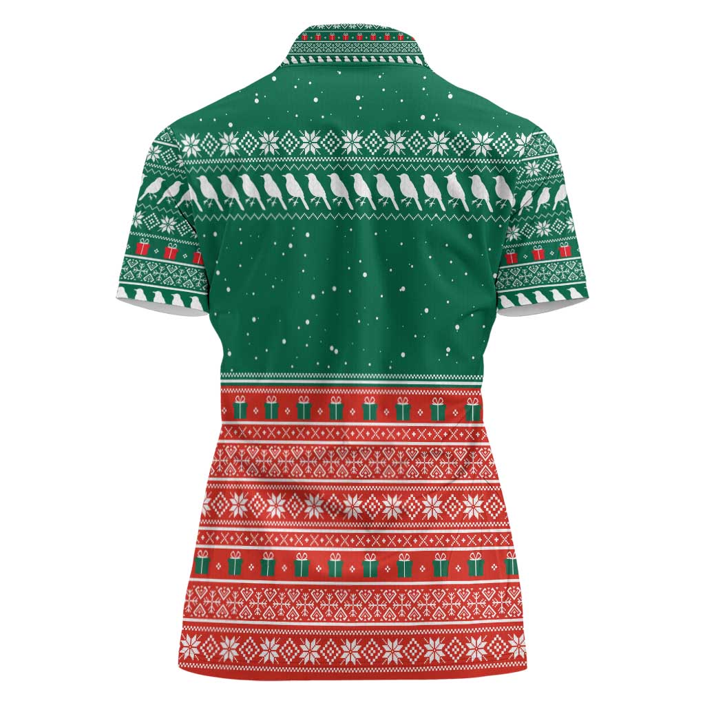 Bangladesh Christmas Women Polo Shirt with Black-Capped Bird Gift Stack and Green Red Snowflake Pattern - Wonder Print Shop