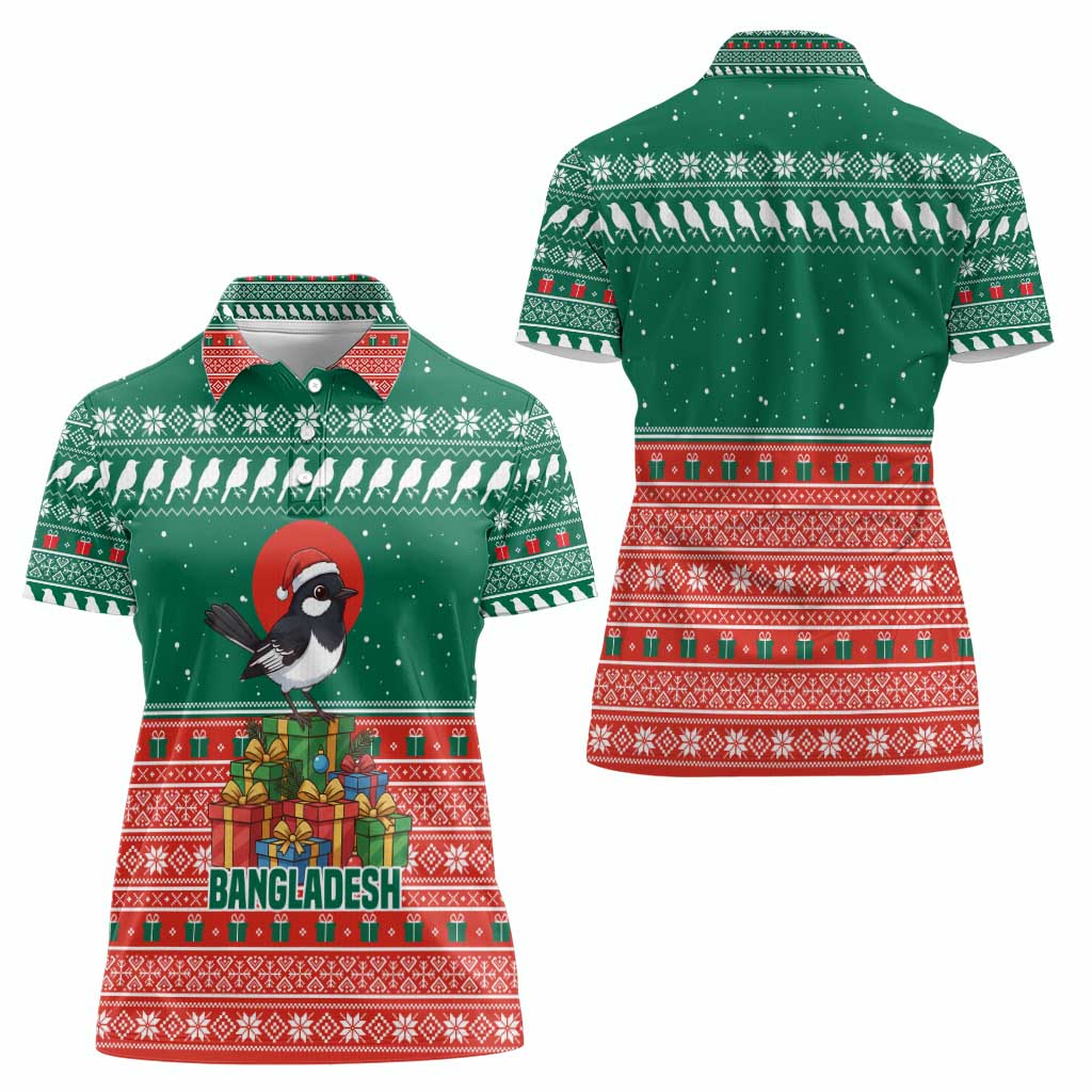 Bangladesh Christmas Women Polo Shirt with Black-Capped Bird Gift Stack and Green Red Snowflake Pattern - Wonder Print Shop