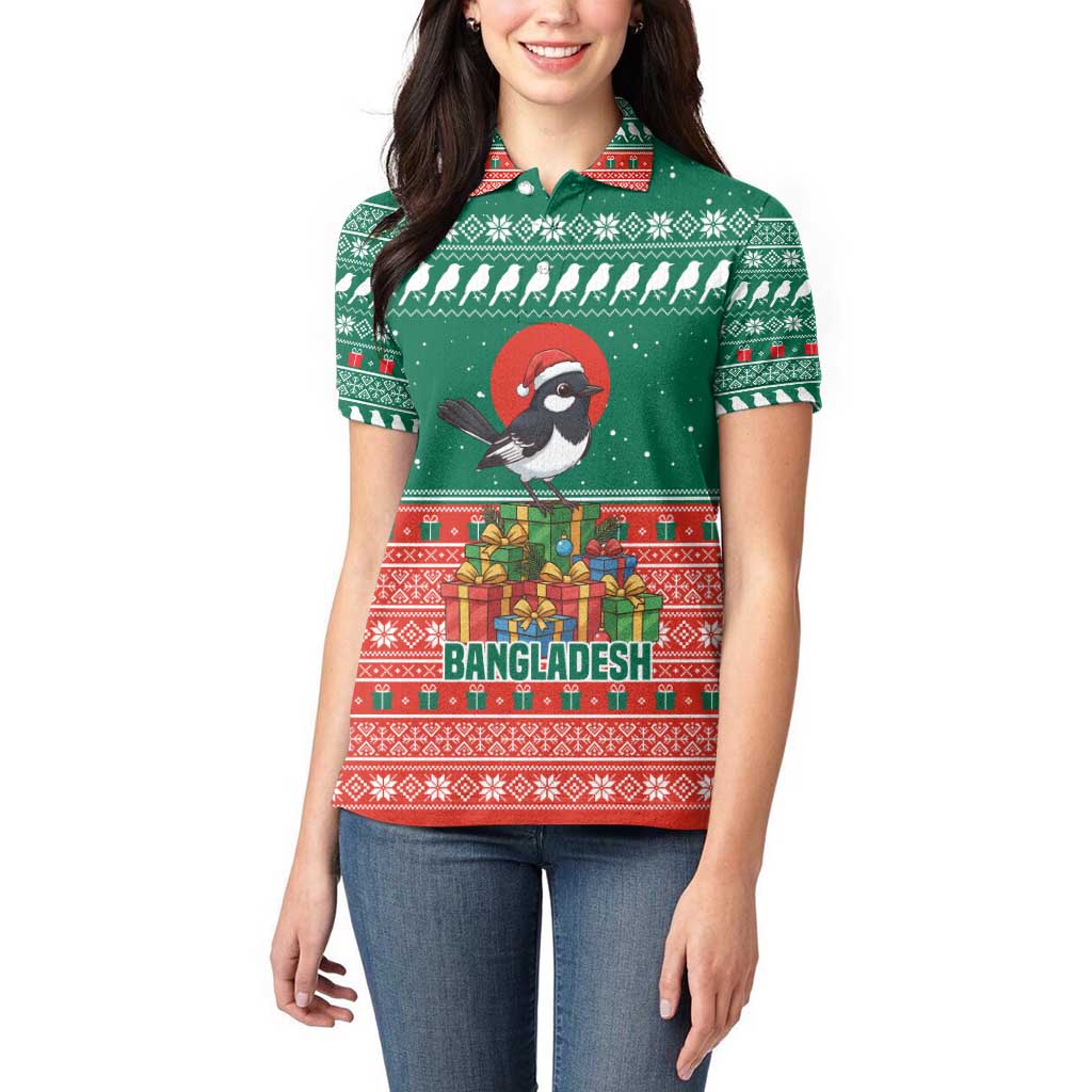 Bangladesh Christmas Women Polo Shirt with Black-Capped Bird Gift Stack and Green Red Snowflake Pattern - Wonder Print Shop