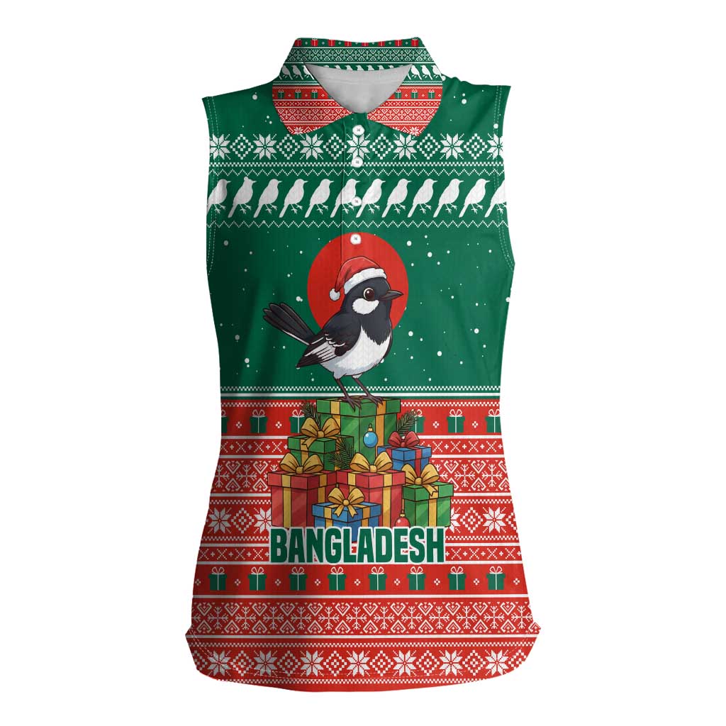 Bangladesh Christmas Women Sleeveless Polo Shirt with Black-Capped Bird Gift Stack and Green Red Snowflake Pattern - Wonder Print Shop
