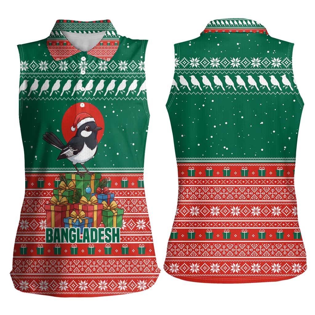 Bangladesh Christmas Women Sleeveless Polo Shirt with Black-Capped Bird Gift Stack and Green Red Snowflake Pattern - Wonder Print Shop