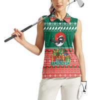Bangladesh Christmas Women Sleeveless Polo Shirt with Black-Capped Bird Gift Stack and Green Red Snowflake Pattern - Wonder Print Shop