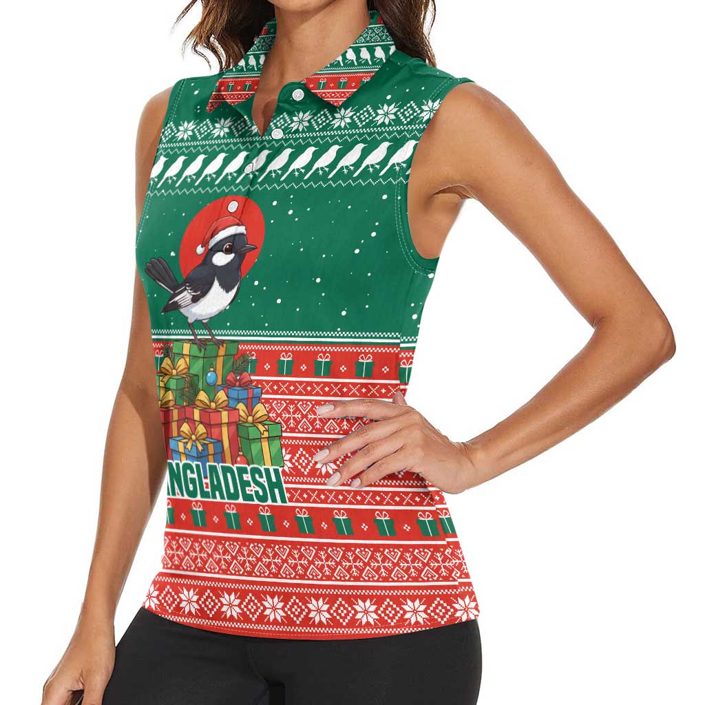Bangladesh Christmas Women Sleeveless Polo Shirt with Black-Capped Bird Gift Stack and Green Red Snowflake Pattern - Wonder Print Shop
