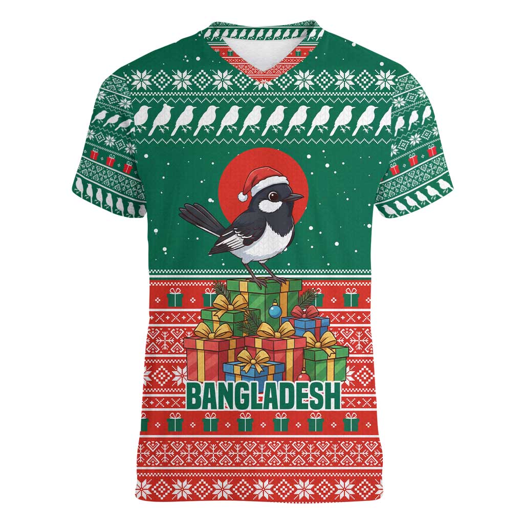 Bangladesh Christmas Women V-Neck T-Shirt with Black-Capped Bird Gift Stack and Green Red Snowflake Pattern - Wonder Print Shop
