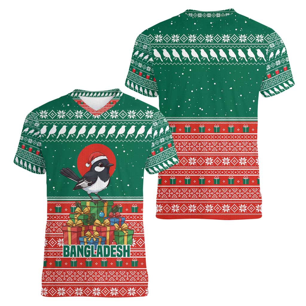 Bangladesh Christmas Women V-Neck T-Shirt with Black-Capped Bird Gift Stack and Green Red Snowflake Pattern - Wonder Print Shop