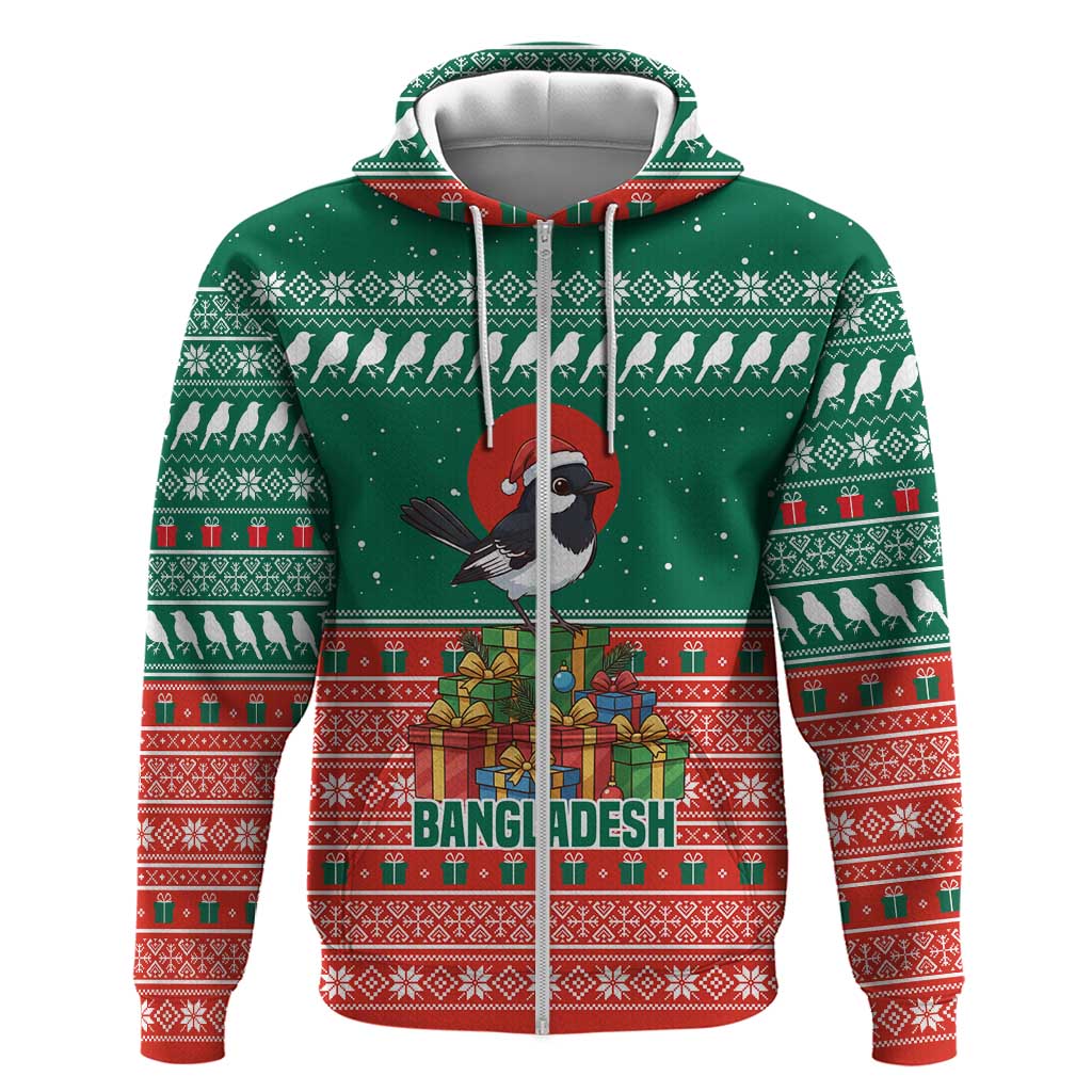 Bangladesh Christmas Zip Hoodie with Black-Capped Bird Gift Stack and Green Red Snowflake Pattern - Wonder Print Shop