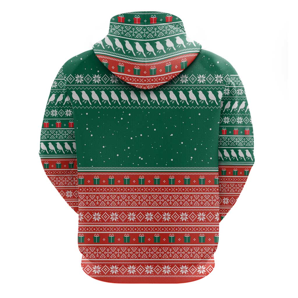 Bangladesh Christmas Zip Hoodie with Black-Capped Bird Gift Stack and Green Red Snowflake Pattern - Wonder Print Shop
