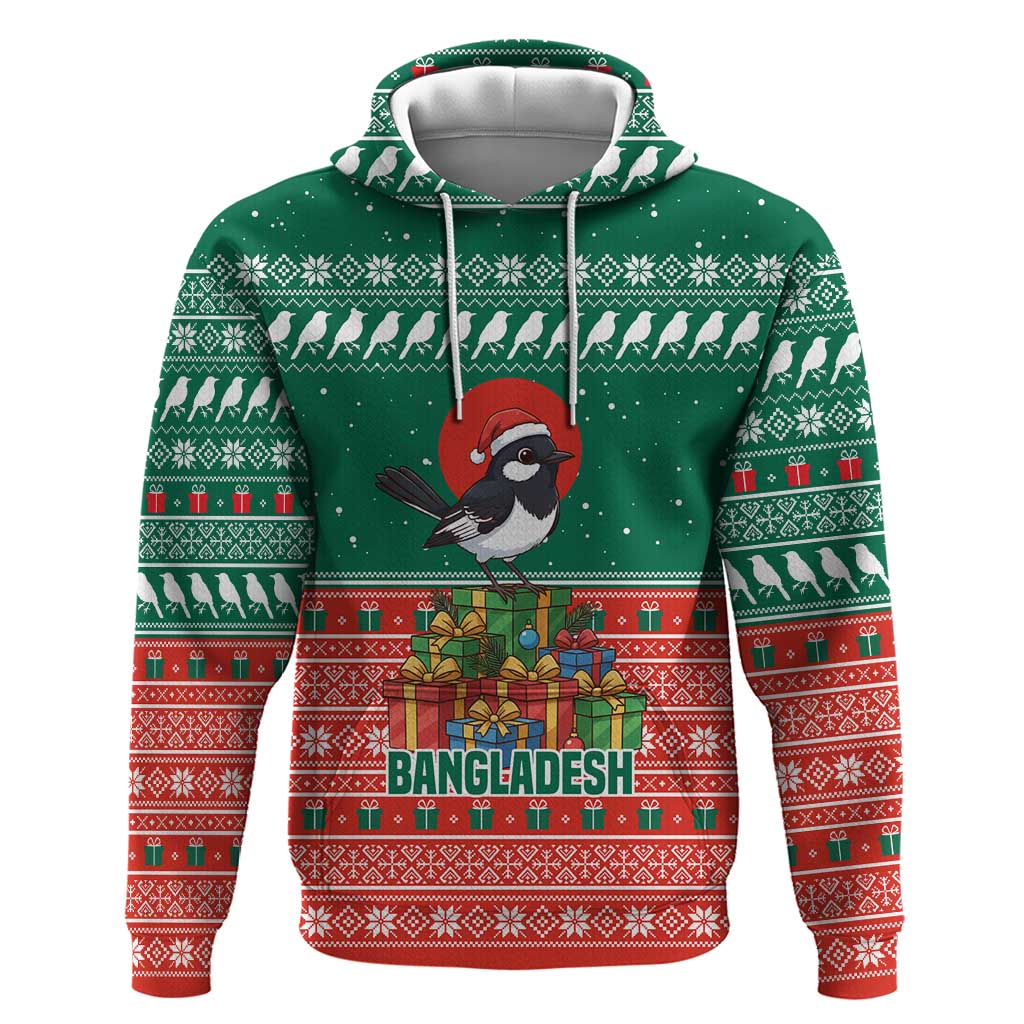 Bangladesh Christmas Zip Hoodie with Black-Capped Bird Gift Stack and Green Red Snowflake Pattern - Wonder Print Shop