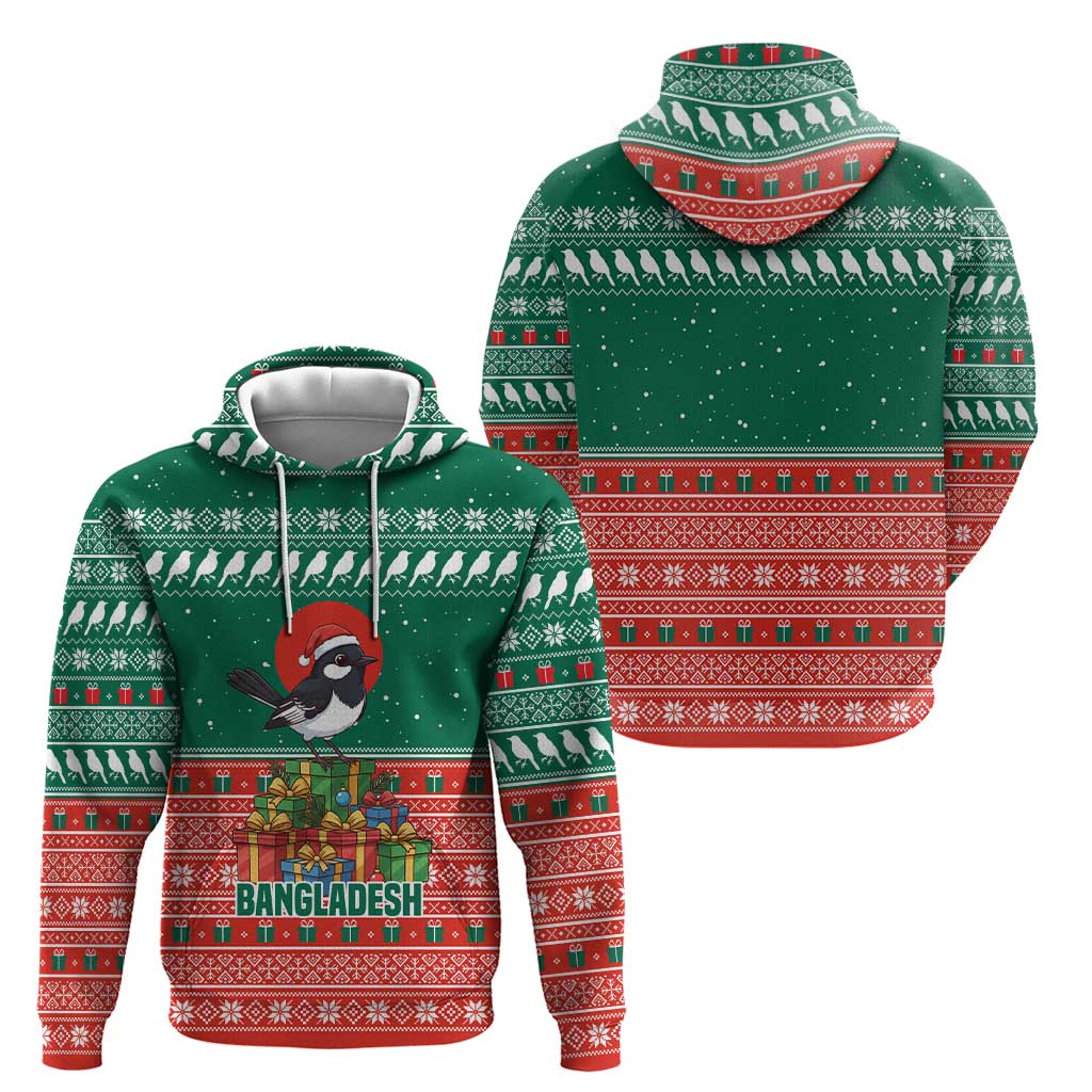 Bangladesh Christmas Zip Hoodie with Black-Capped Bird Gift Stack and Green Red Snowflake Pattern - Wonder Print Shop