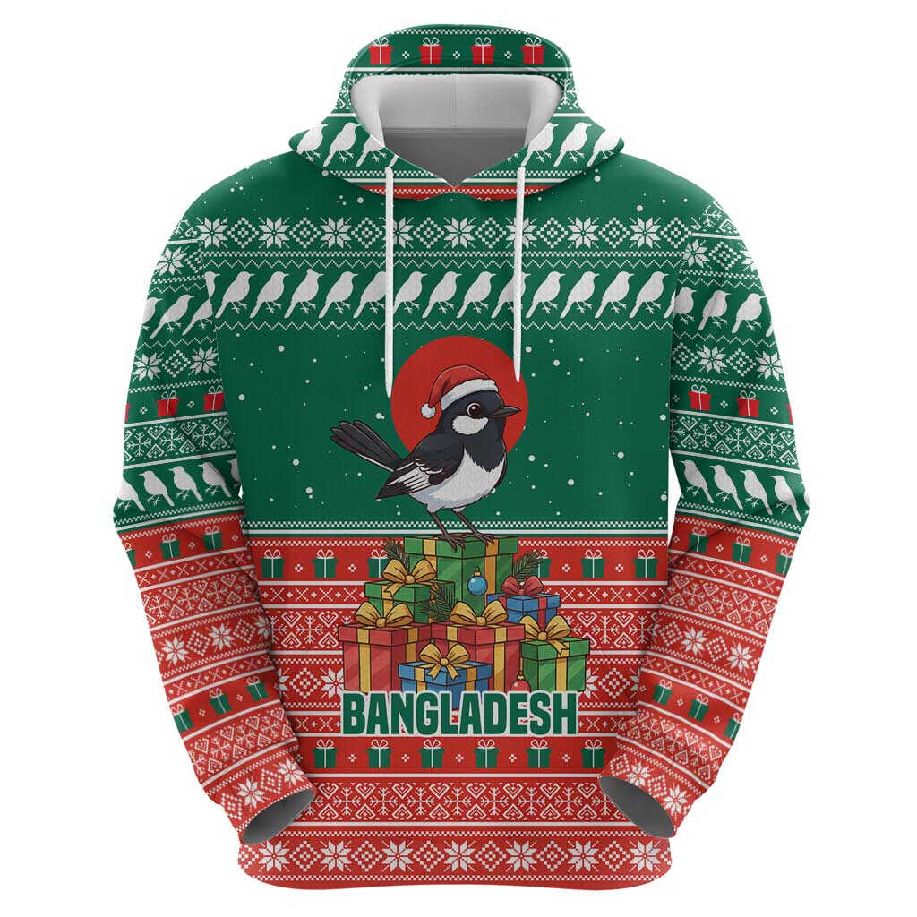 Bangladesh Christmas Zip Hoodie with Black-Capped Bird Gift Stack and Green Red Snowflake Pattern - Wonder Print Shop