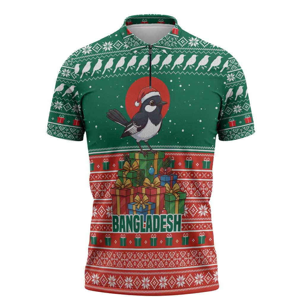 Bangladesh Christmas Zipper Polo Shirt with Black-Capped Bird Gift Stack and Green Red Snowflake Pattern - Wonder Print Shop
