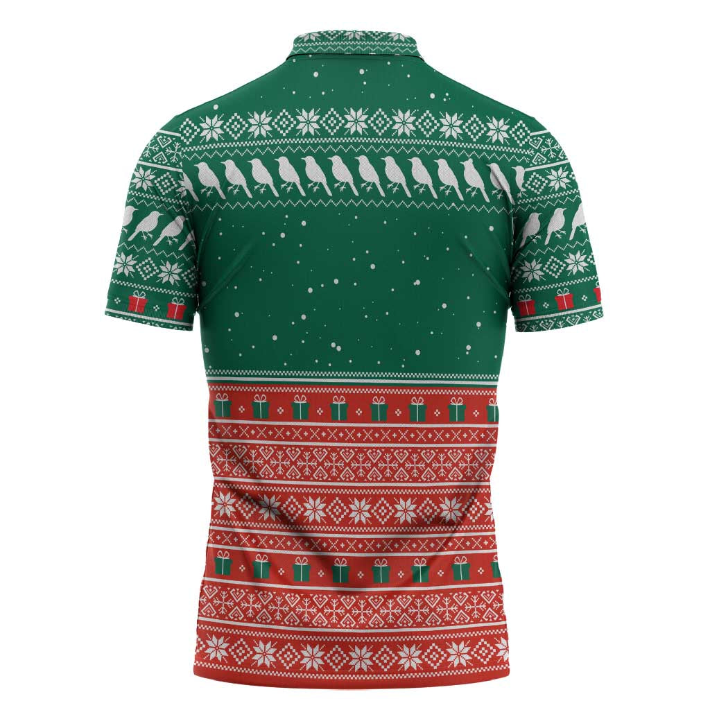 Bangladesh Christmas Zipper Polo Shirt with Black-Capped Bird Gift Stack and Green Red Snowflake Pattern - Wonder Print Shop