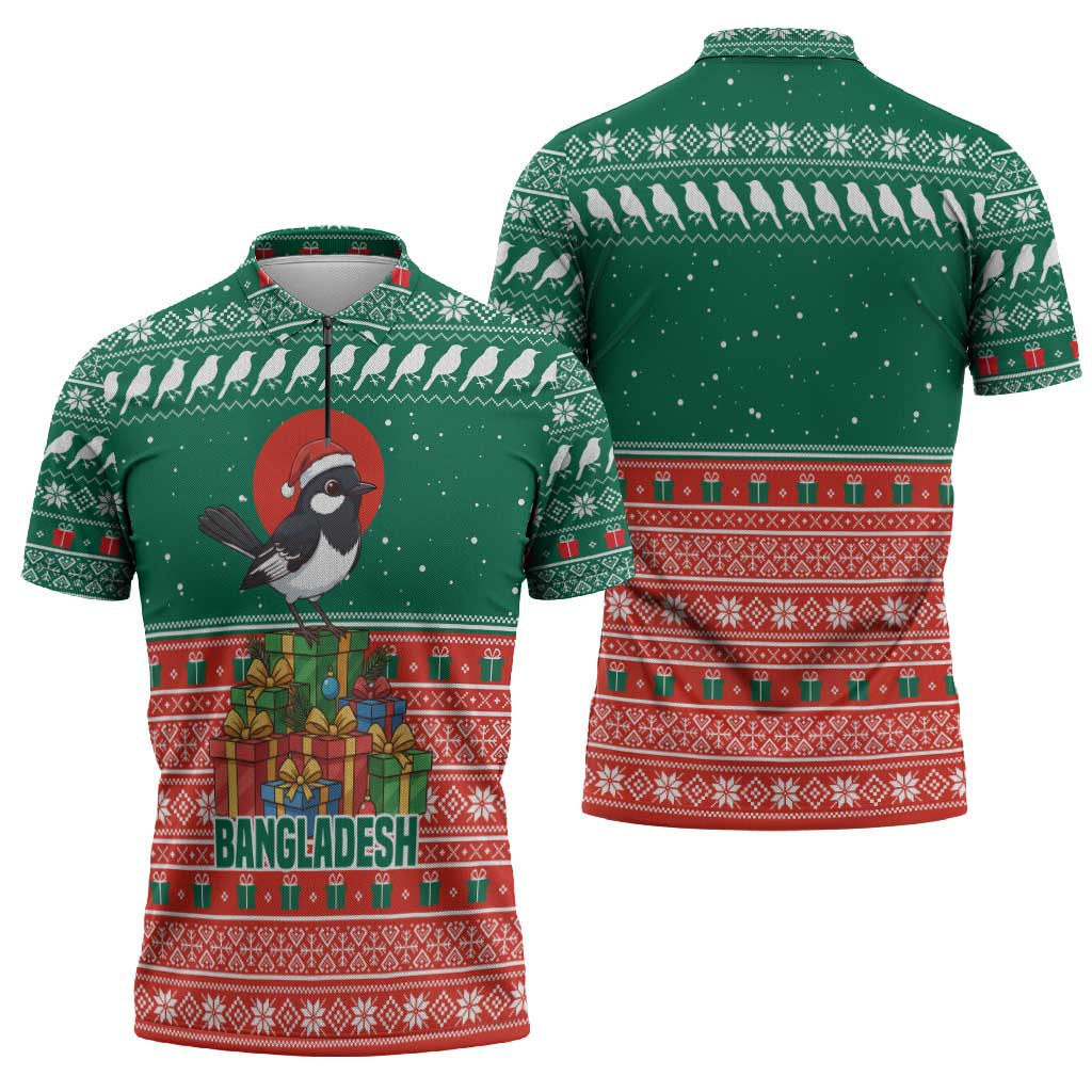 Bangladesh Christmas Zipper Polo Shirt with Black-Capped Bird Gift Stack and Green Red Snowflake Pattern - Wonder Print Shop