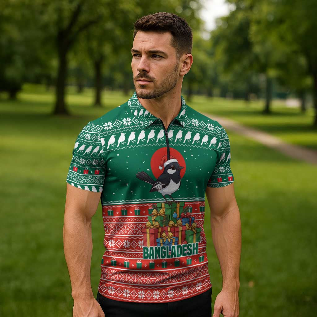 Bangladesh Christmas Zipper Polo Shirt with Black-Capped Bird Gift Stack and Green Red Snowflake Pattern - Wonder Print Shop