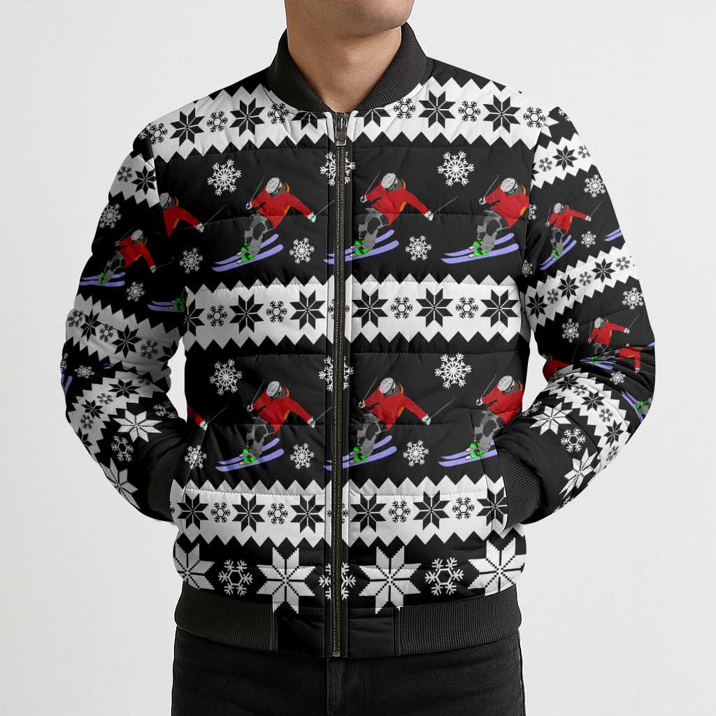Skiing Snowflake Christmas Bomber Puffer Jacket Xmas Holiday Patterns - Wonder Print Shop