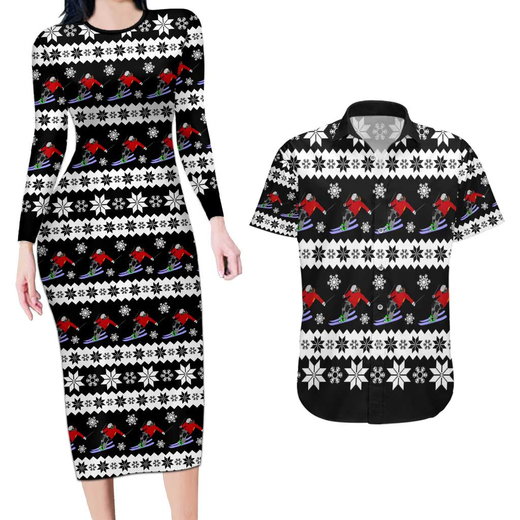 Skiing Snowflake Christmas Couples Matching Long Sleeve Bodycon Dress and Hawaiian Shirt Xmas Holiday Patterns - Wonder Print Shop