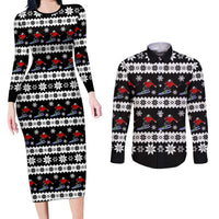 Skiing Snowflake Christmas Couples Matching Long Sleeve Bodycon Dress and Long Sleeve Button Shirt Xmas Holiday Patterns - Wonder Print Shop