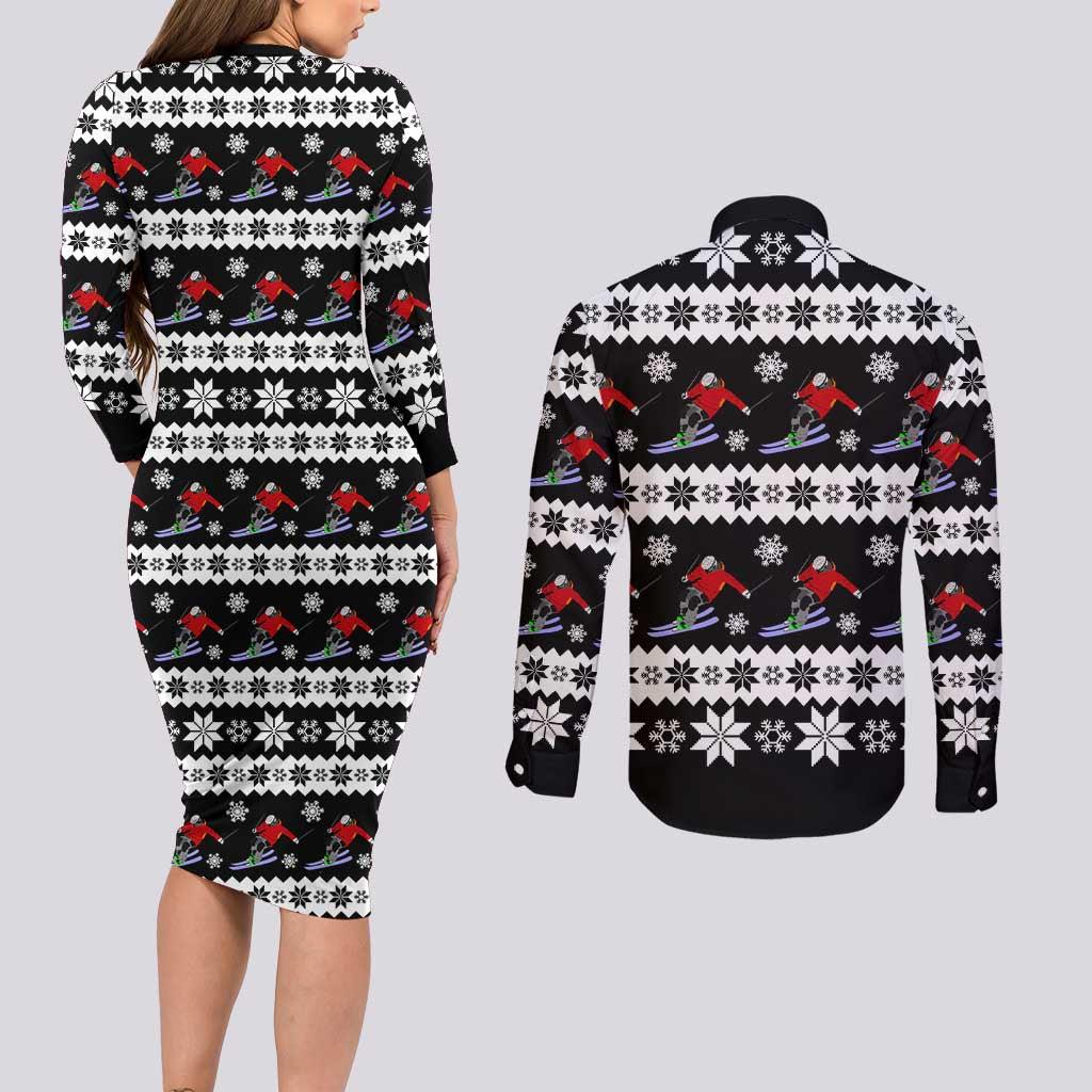 Skiing Snowflake Christmas Couples Matching Long Sleeve Bodycon Dress and Long Sleeve Button Shirt Xmas Holiday Patterns - Wonder Print Shop