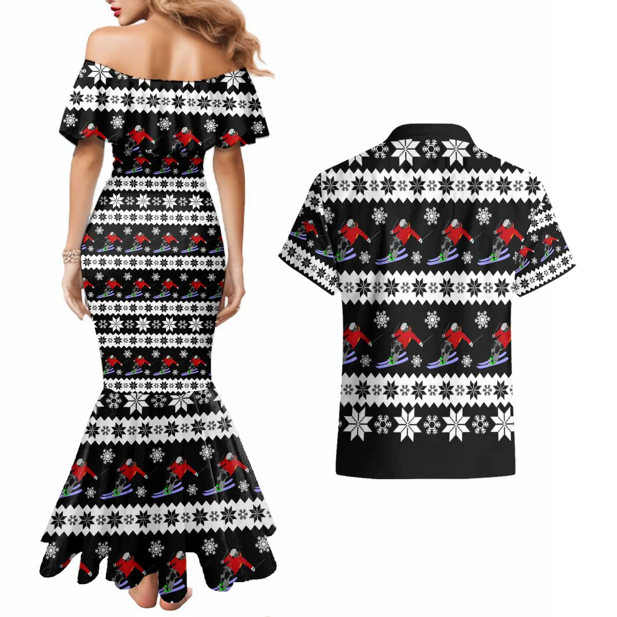 Skiing Snowflake Christmas Couples Matching Mermaid Dress and Hawaiian Shirt Xmas Holiday Patterns - Wonder Print Shop