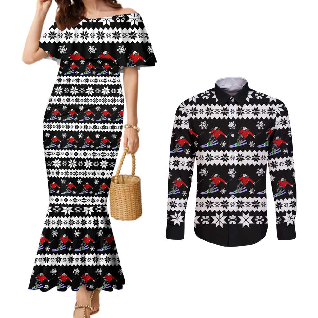 Skiing Snowflake Christmas Couples Matching Mermaid Dress and Long Sleeve Button Shirt Xmas Holiday Patterns - Wonder Print Shop