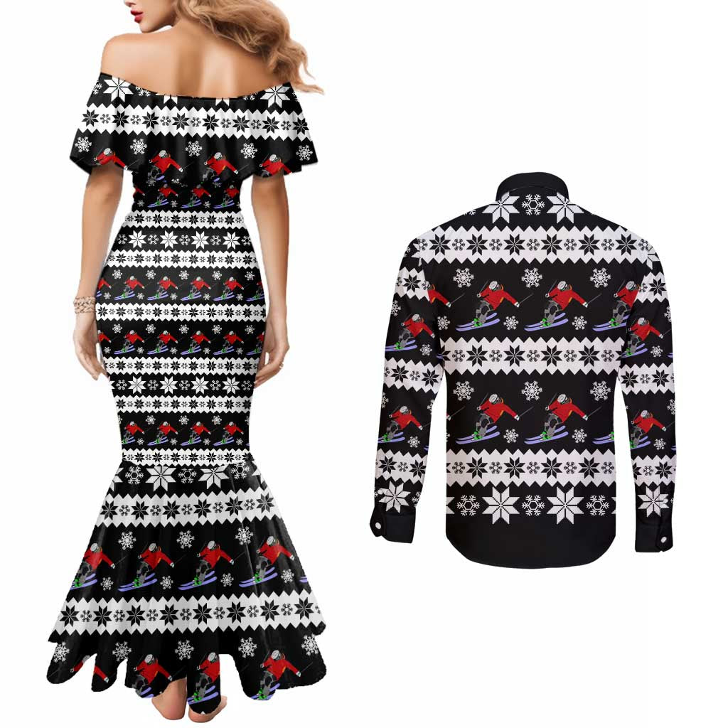 Skiing Snowflake Christmas Couples Matching Mermaid Dress and Long Sleeve Button Shirt Xmas Holiday Patterns - Wonder Print Shop