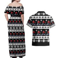 Skiing Snowflake Christmas Couples Matching Off Shoulder Maxi Dress and Hawaiian Shirt Xmas Holiday Patterns - Wonder Print Shop