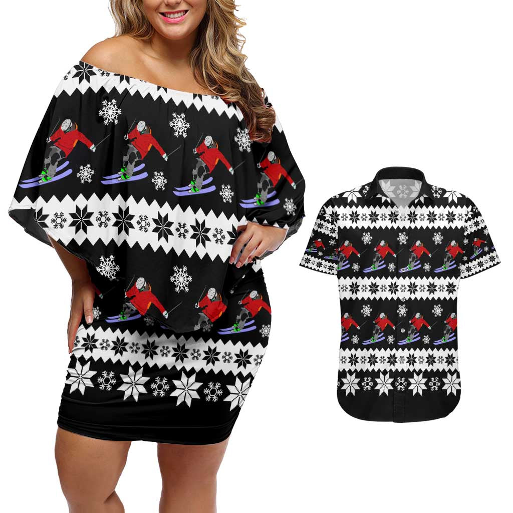 Skiing Snowflake Christmas Couples Matching Off Shoulder Short Dress and Hawaiian Shirt Xmas Holiday Patterns - Wonder Print Shop