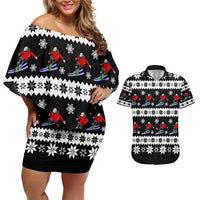 Skiing Snowflake Christmas Couples Matching Off Shoulder Short Dress and Hawaiian Shirt Xmas Holiday Patterns - Wonder Print Shop