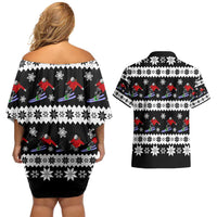 Skiing Snowflake Christmas Couples Matching Off Shoulder Short Dress and Hawaiian Shirt Xmas Holiday Patterns - Wonder Print Shop