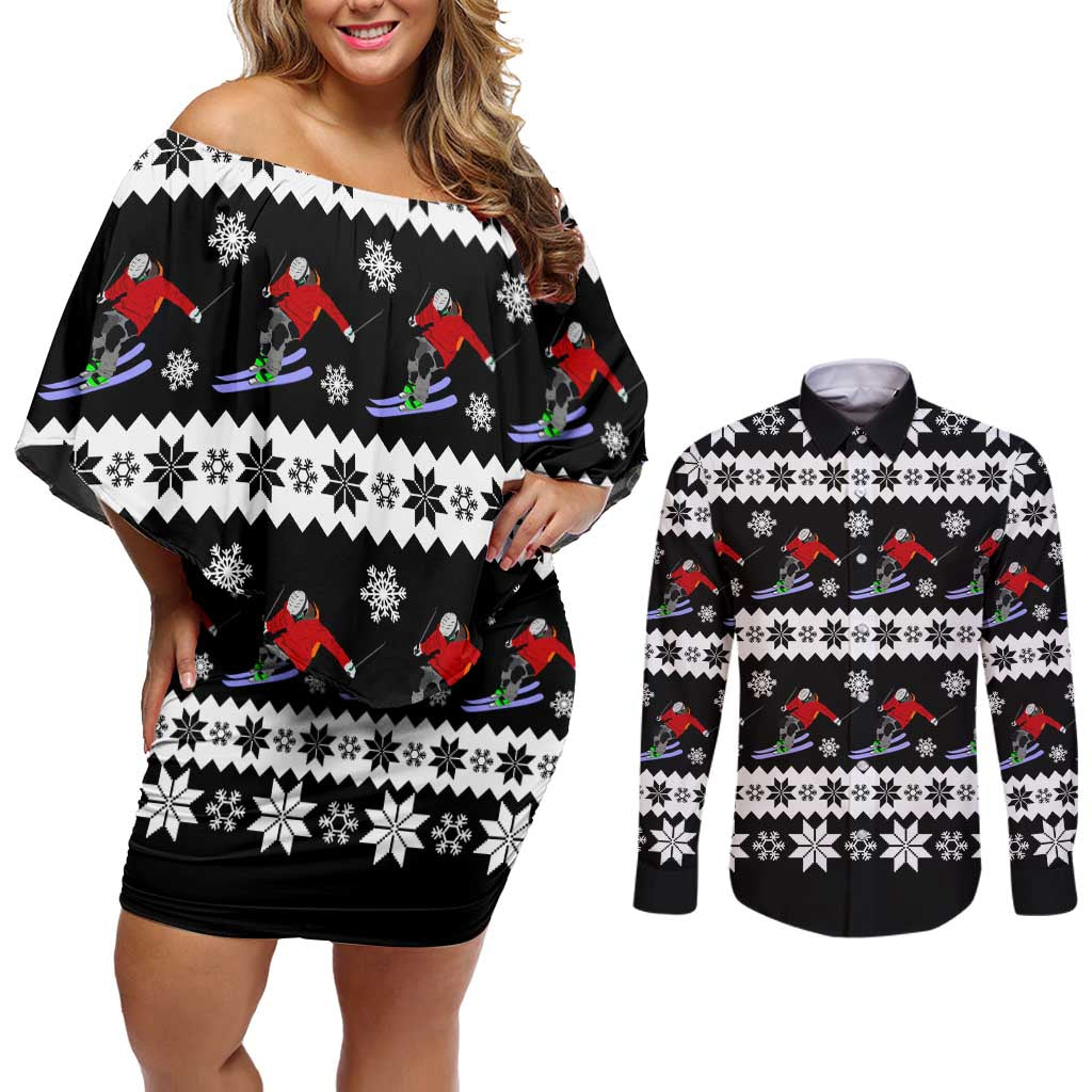 Skiing Snowflake Christmas Couples Matching Off Shoulder Short Dress and Long Sleeve Button Shirt Xmas Holiday Patterns - Wonder Print Shop