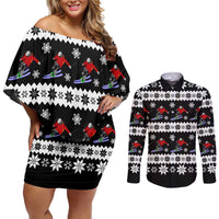 Skiing Snowflake Christmas Couples Matching Off Shoulder Short Dress and Long Sleeve Button Shirt Xmas Holiday Patterns - Wonder Print Shop