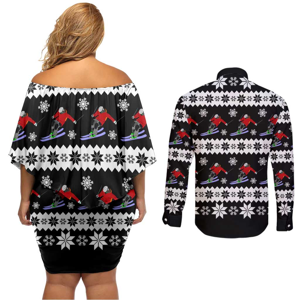 Skiing Snowflake Christmas Couples Matching Off Shoulder Short Dress and Long Sleeve Button Shirt Xmas Holiday Patterns - Wonder Print Shop