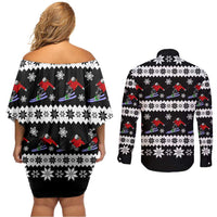 Skiing Snowflake Christmas Couples Matching Off Shoulder Short Dress and Long Sleeve Button Shirt Xmas Holiday Patterns - Wonder Print Shop