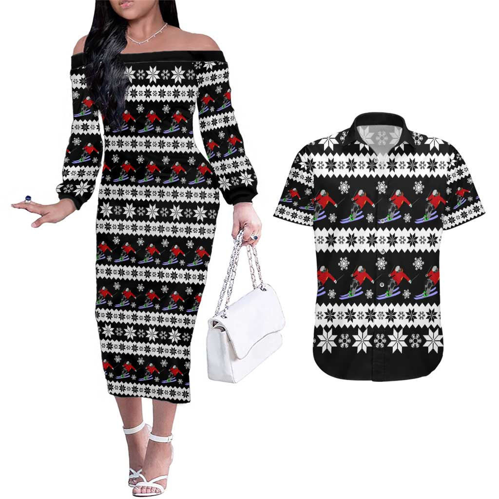 Skiing Snowflake Christmas Couples Matching Off The Shoulder Long Sleeve Dress and Hawaiian Shirt Xmas Holiday Patterns - Wonder Print Shop