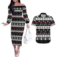 Skiing Snowflake Christmas Couples Matching Off The Shoulder Long Sleeve Dress and Hawaiian Shirt Xmas Holiday Patterns - Wonder Print Shop