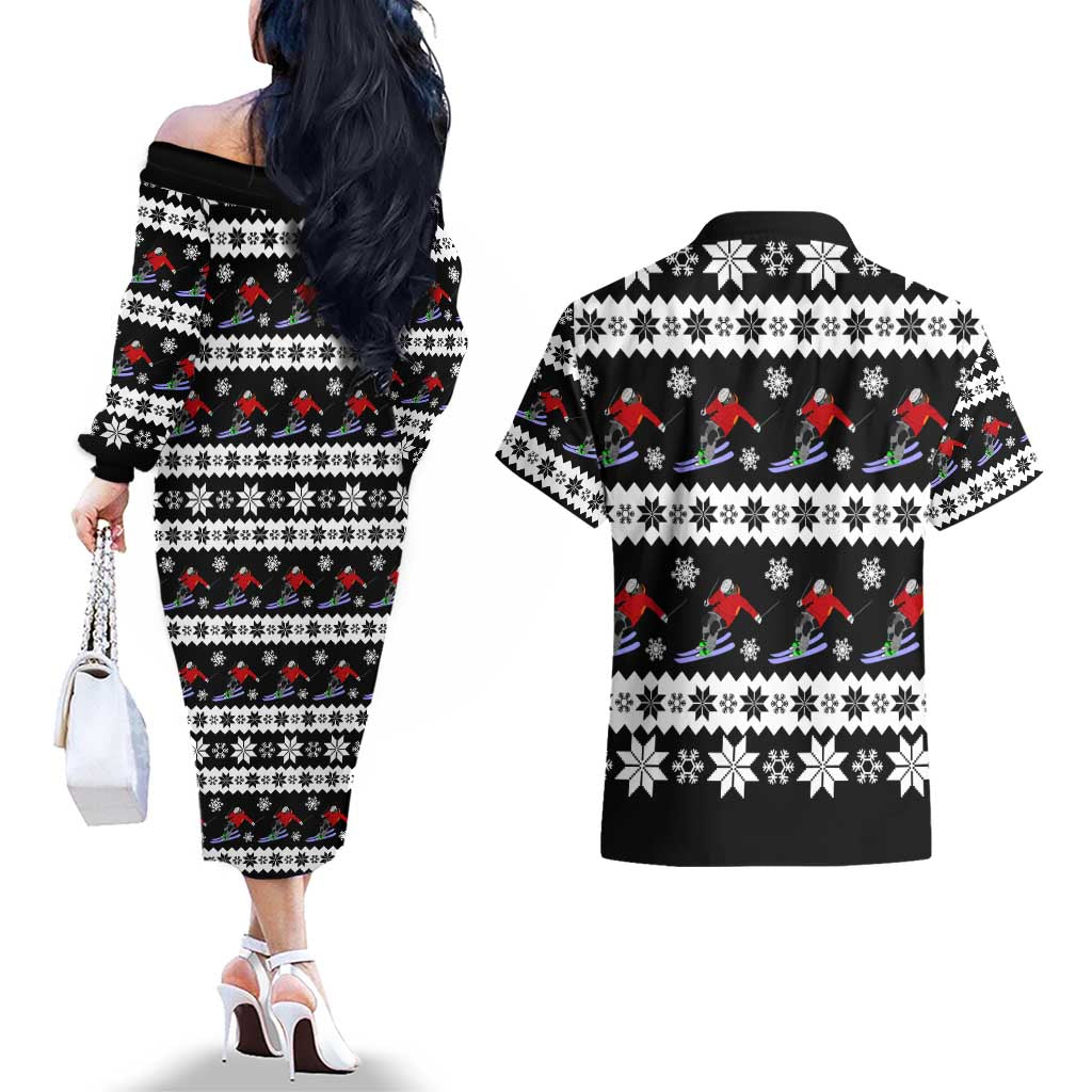 Skiing Snowflake Christmas Couples Matching Off The Shoulder Long Sleeve Dress and Hawaiian Shirt Xmas Holiday Patterns - Wonder Print Shop