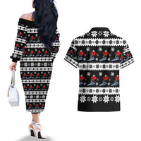Skiing Snowflake Christmas Couples Matching Off The Shoulder Long Sleeve Dress and Hawaiian Shirt Xmas Holiday Patterns - Wonder Print Shop