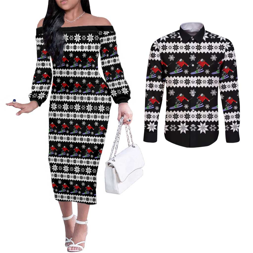 Skiing Snowflake Christmas Couples Matching Off The Shoulder Long Sleeve Dress and Long Sleeve Button Shirt Xmas Holiday Patterns - Wonder Print Shop