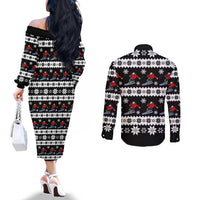 Skiing Snowflake Christmas Couples Matching Off The Shoulder Long Sleeve Dress and Long Sleeve Button Shirt Xmas Holiday Patterns - Wonder Print Shop