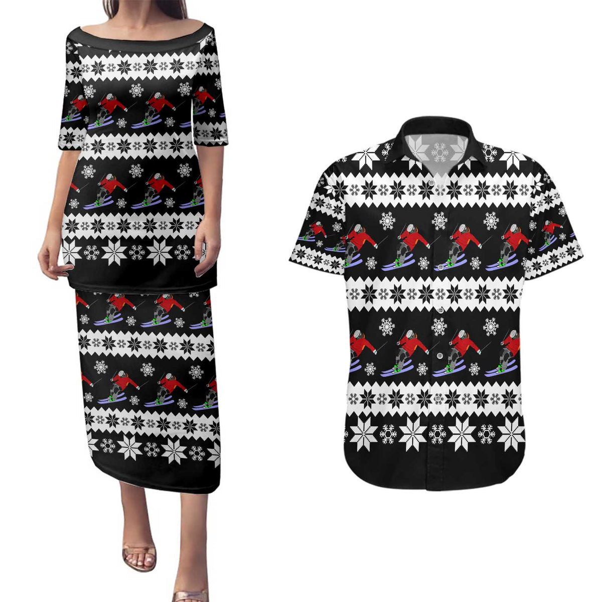 Skiing Snowflake Christmas Couples Matching Puletasi and Hawaiian Shirt Xmas Holiday Patterns - Wonder Print Shop