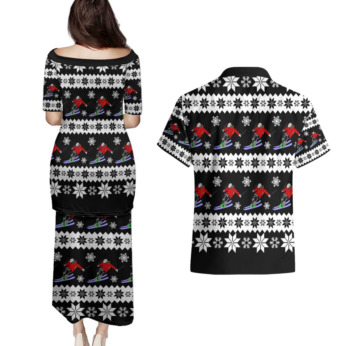 Skiing Snowflake Christmas Couples Matching Puletasi and Hawaiian Shirt Xmas Holiday Patterns - Wonder Print Shop