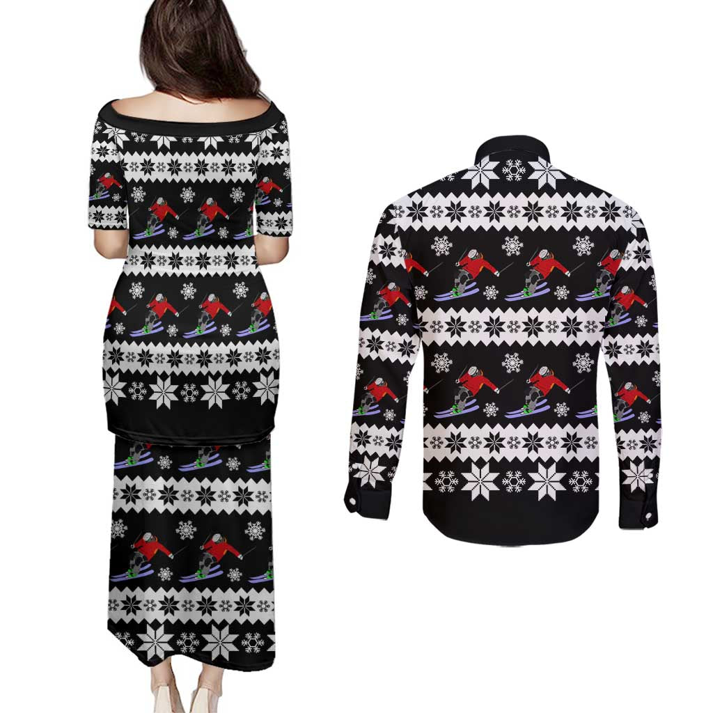 Skiing Snowflake Christmas Couples Matching Puletasi and Long Sleeve Button Shirt Xmas Holiday Patterns - Wonder Print Shop