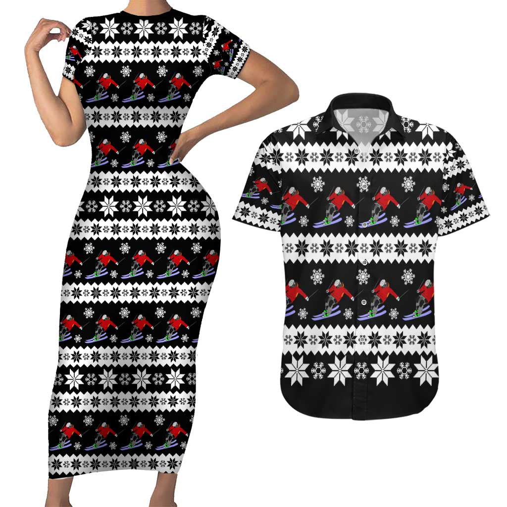 Skiing Snowflake Christmas Couples Matching Short Sleeve Bodycon Dress and Hawaiian Shirt Xmas Holiday Patterns - Wonder Print Shop