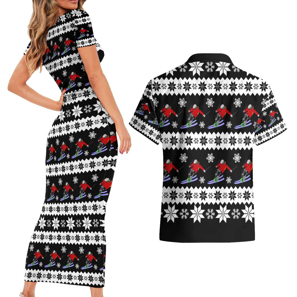 Skiing Snowflake Christmas Couples Matching Short Sleeve Bodycon Dress and Hawaiian Shirt Xmas Holiday Patterns - Wonder Print Shop