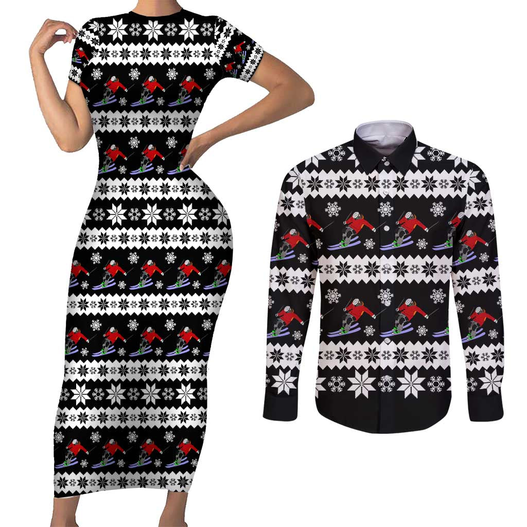 Skiing Snowflake Christmas Couples Matching Short Sleeve Bodycon Dress and Long Sleeve Button Shirt Xmas Holiday Patterns - Wonder Print Shop