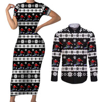 Skiing Snowflake Christmas Couples Matching Short Sleeve Bodycon Dress and Long Sleeve Button Shirt Xmas Holiday Patterns - Wonder Print Shop
