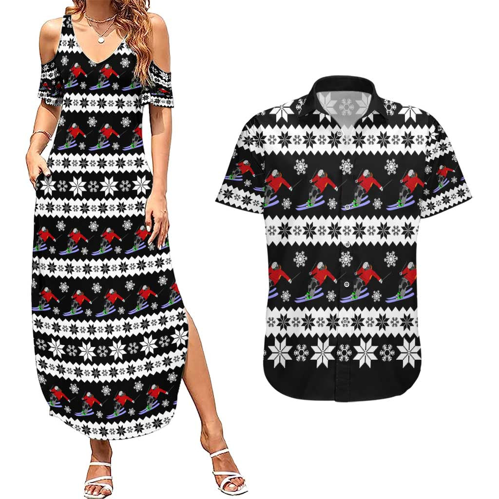 Skiing Snowflake Christmas Couples Matching Summer Maxi Dress and Hawaiian Shirt Xmas Holiday Patterns - Wonder Print Shop