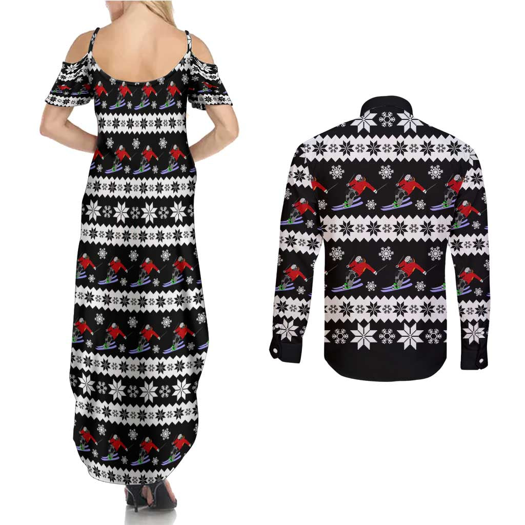 Skiing Snowflake Christmas Couples Matching Summer Maxi Dress and Long Sleeve Button Shirt Xmas Holiday Patterns - Wonder Print Shop